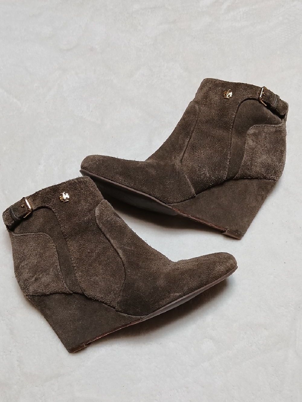 Tory Burch Brown Suede Wedge Ankle Boots with Buckle Size 6.5